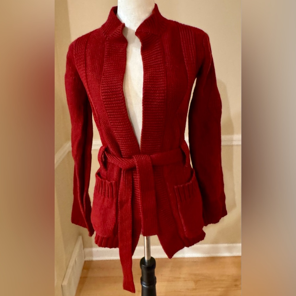 Vintage Macy’s Brick Red 100% Wool Tie Wrap Sweater Cardigan